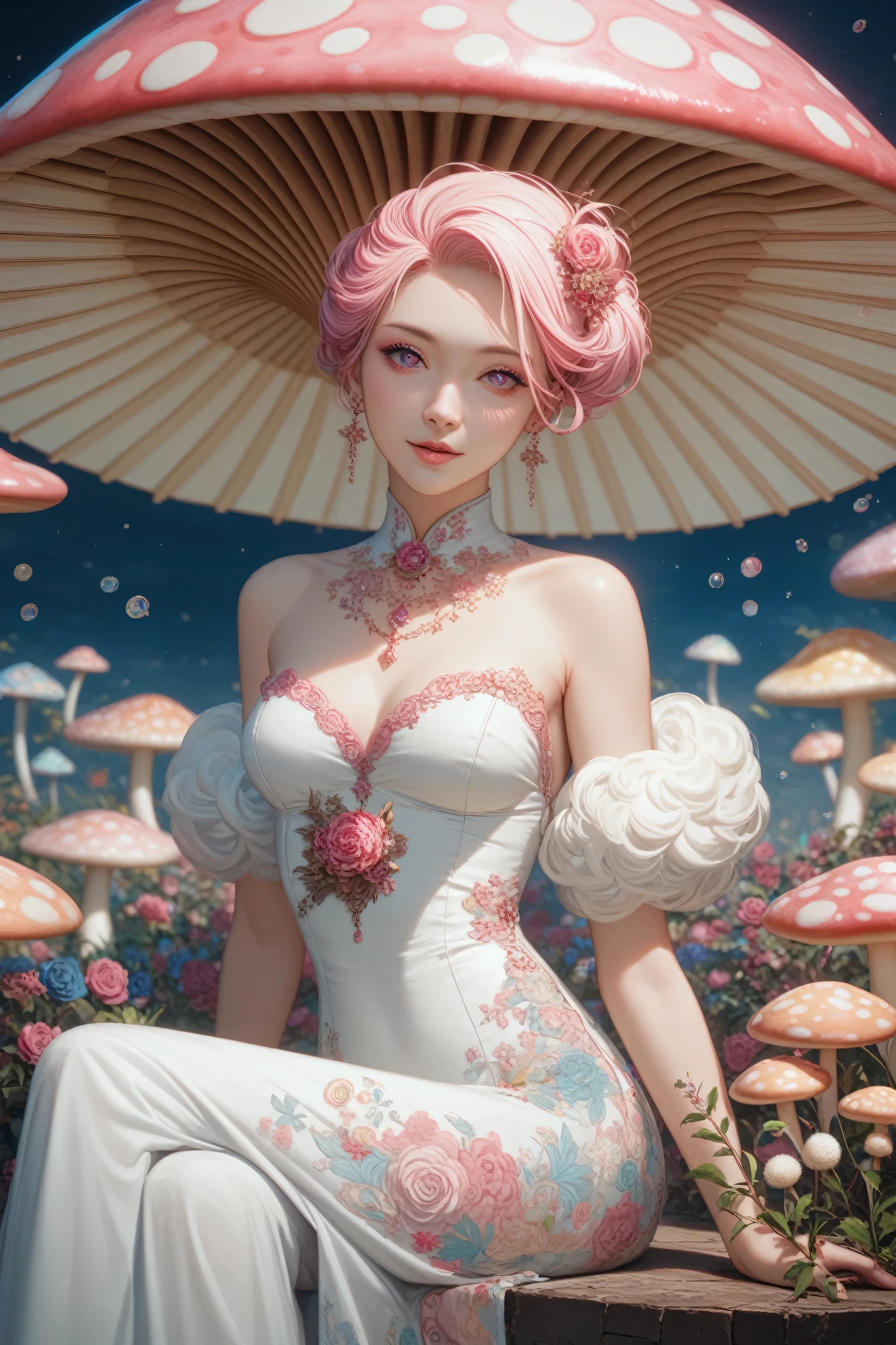 1 asian girl, beautiful 18 year old girl, pink hair in a bun, bare shoulders, sitting on a giant mushroom, elegant, chic, modern, fashionable, muted colors, soft lighting, art nouveau, psychedelic anime style, colorful, trippy, (best quality,4k,8k,highres,masterpiece:1.2), ultra-detailed, ultra-fine painting, sharp focus, vivid colors, bokeh