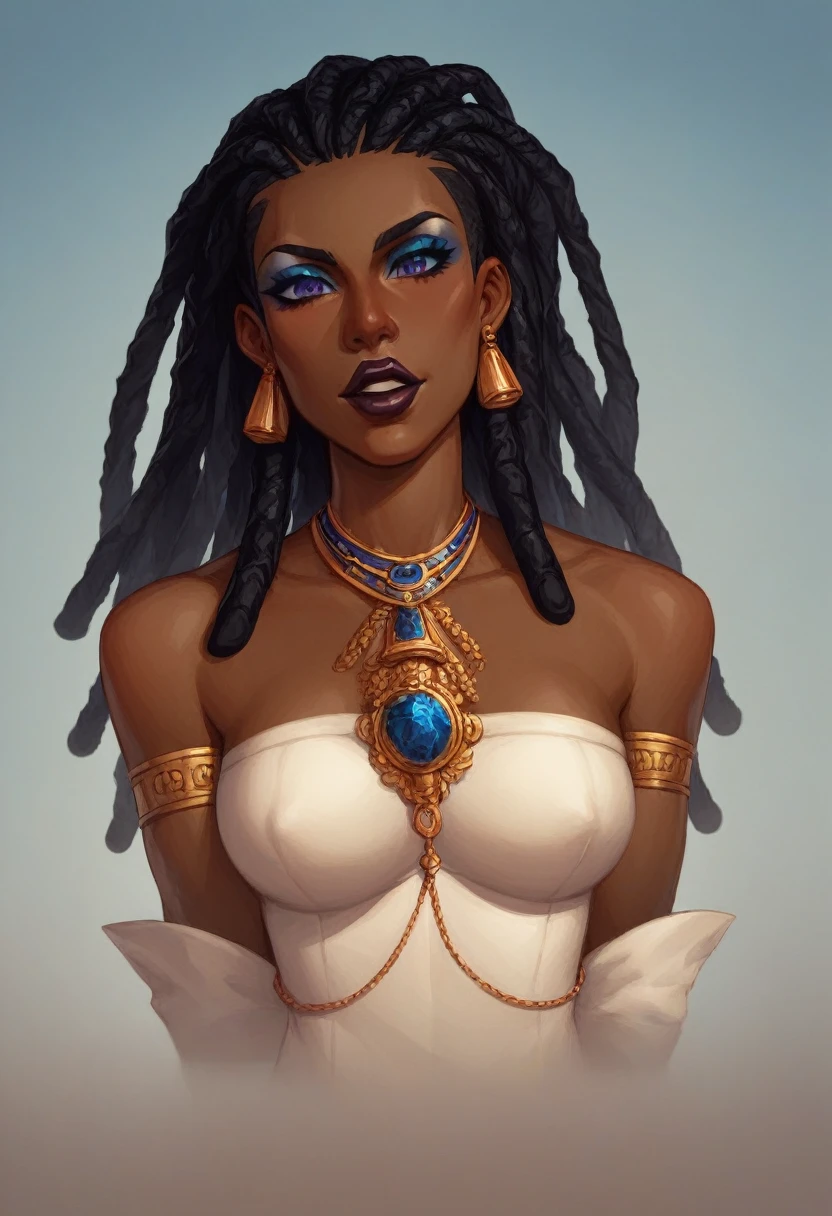 Effrayante ((sorcière)) africaine ((gros seins nus)), (((peau noire))), ((bijoux en os)), ((pagne en peau)), ((dreadlocks)), ((style bande dessinée)), ((masque en os)), savane africaine, ambiance Lovecraft, ((dark skin))