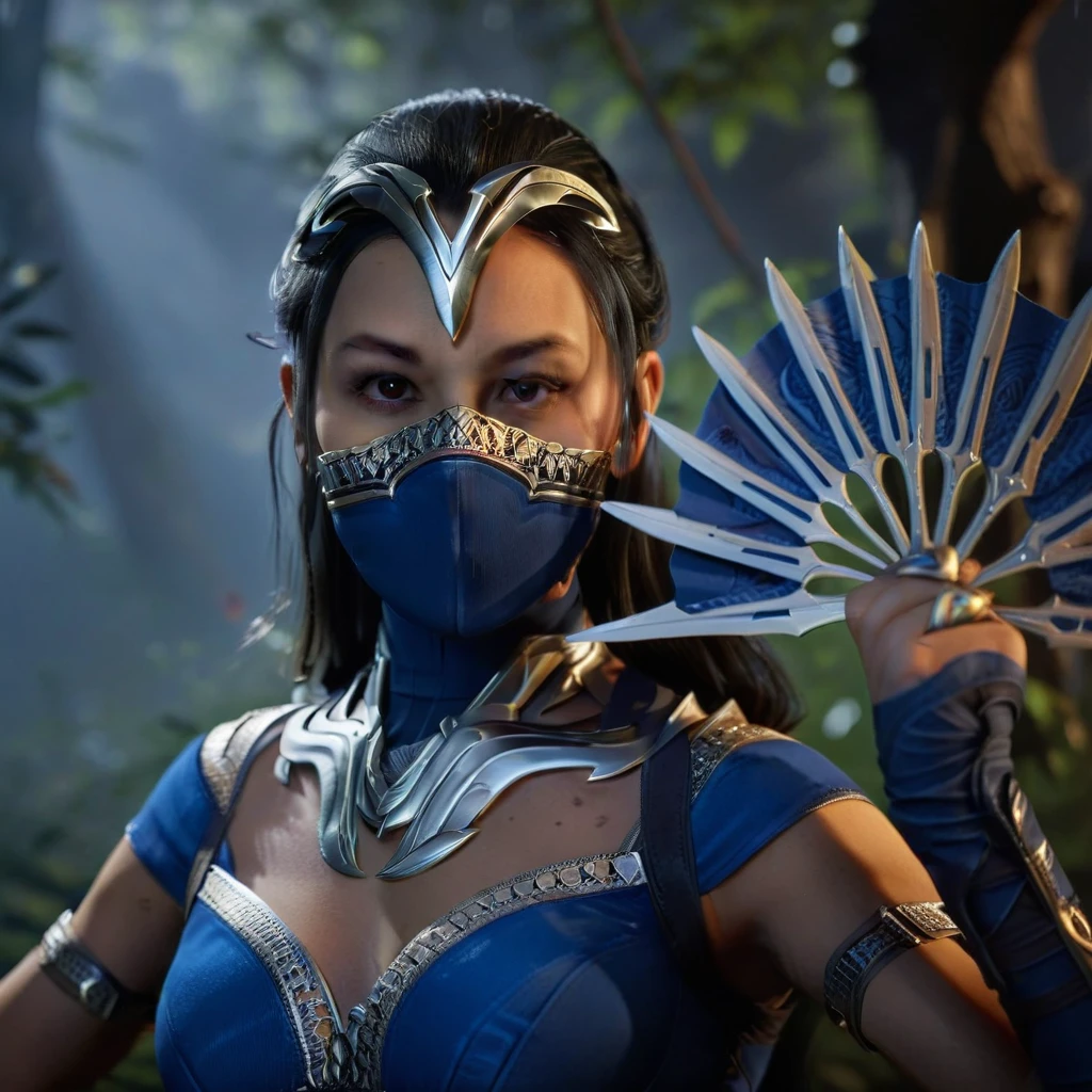 Ultra-realistic, ultra-high quality, extremely beautifully detailed 8K masterpiece of 1 beautiful woman in mk1 blue outfit with mask holding war fan in close-up beauty shot in enchanted forest at night, extremely detailed gorgeous eyes and perfect sexy body and facial features and hands, epic gorgeous composition and breathtaking cinematic lighting, masterpiece quality, sharp, clear, clean image