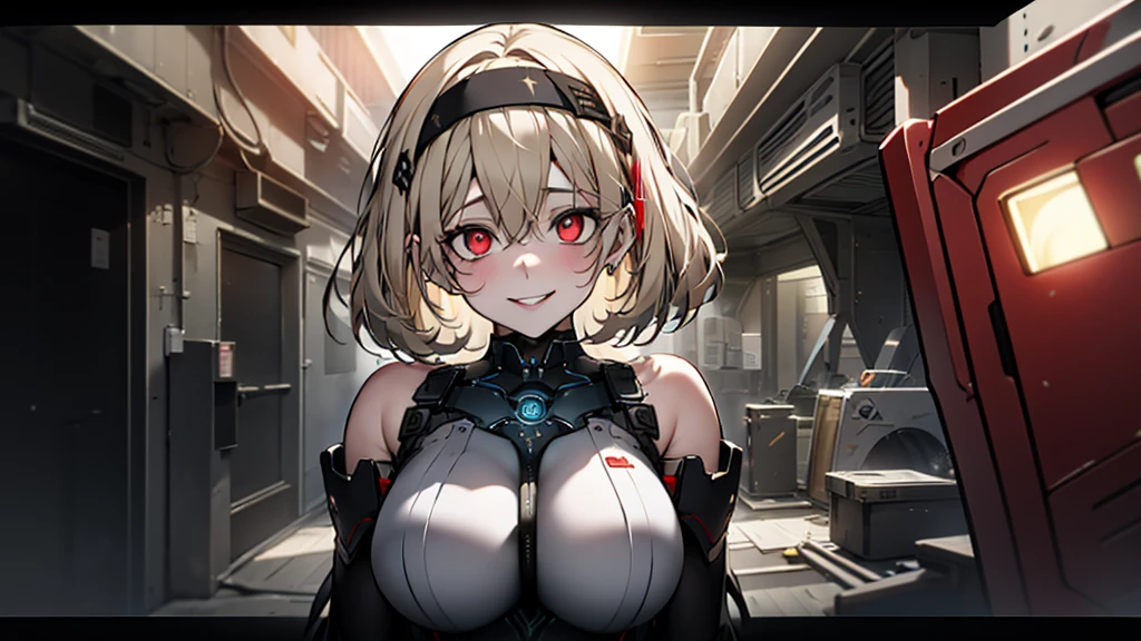 ((Best quality)), ((masterpiece)), (detailed:1.4), 3D, an image of a beautiful cyberpunk female, Yandere , Yandere Face , Trance , Trance Eyes , yameroyandere , constricted pupils , yandere , empty eyes . shaded face , crazy eyes , glowing red eyes , crazy smile , Redshoe , exposed bare shoulder , black headband , Black skintight bodysuit , Short Light Blond Hair , Black Arm Gloves , Red Eyes, Red Armor Leg, large breasts, HDR (High Dynamic Range),Ray Tracing,NVIDIA RTX,Super-Resolution,Unreal 5,Subsurface scattering,PBR Texturing,Post-processing,Anisotropic Filtering,Depth-of-field,Maximum clarity and sharpness,Multi-layered textures,Albedo and Specular maps,Surface shading,Accurate simulation of light-material interaction,Perfect proportions,Octane Render,Two-tone lighting,Wide aperture,Low ISO,White balance,Rule of thirds,8K RAW,