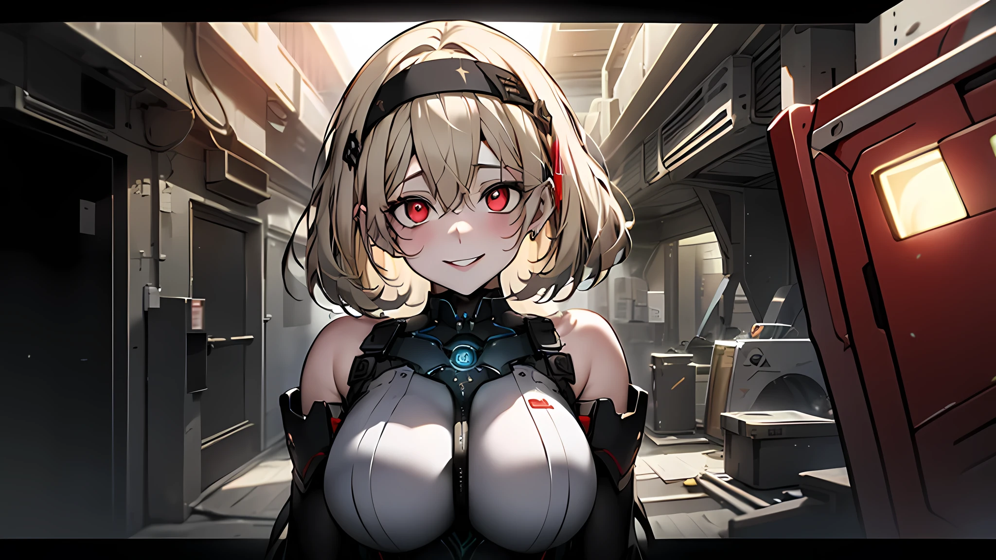 ((Best quality)), ((masterpiece)), (detailed:1.4), 3D, an image of a beautiful cyberpunk female, Yandere , Yandere Face , Trance , Trance Eyes , yameroyandere , constricted pupils , yandere , empty eyes . shaded face , crazy eyes , glowing red eyes , crazy smile , Redshoe , exposed bare shoulder , black headband , Black skintight bodysuit , Short Light Blond Hair , Black Arm Gloves , Red Eyes, Red Armor Leg, large breasts, HDR (High Dynamic Range),Ray Tracing,NVIDIA RTX,Super-Resolution,Unreal 5,Subsurface scattering,PBR Texturing,Post-processing,Anisotropic Filtering,Depth-of-field,Maximum clarity and sharpness,Multi-layered textures,Albedo and Specular maps,Surface shading,Accurate simulation of light-material interaction,Perfect proportions,Octane Render,Two-tone lighting,Wide aperture,Low ISO,White balance,Rule of thirds,8K RAW,