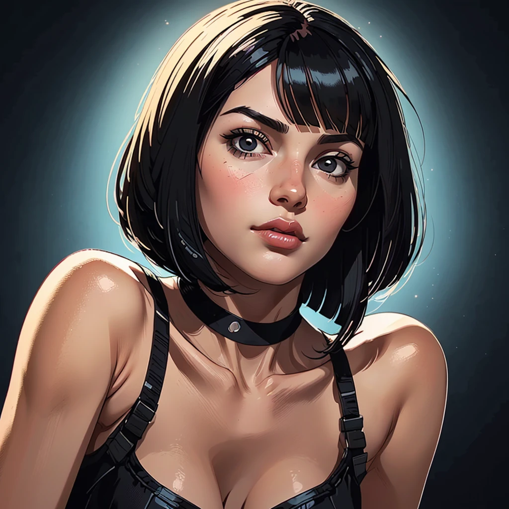 one asian girl, ada wong, solo, (face, upclose face:1.4), black eyes, black hair, (bob cut:1.3), (bare shoulders, bare neck:1.2), masterpiece, highly detailed, look at viewer, shiny blured background, gradient sprayed background, front view, blured background, glowing edges of image