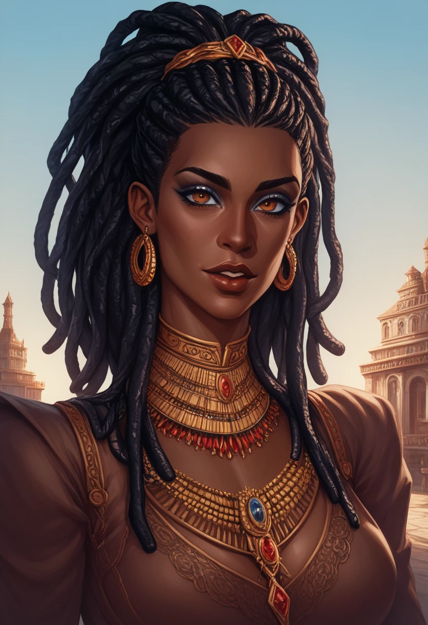 Effrayante ((sorcière)) africaine ((gros seins nus)), (((peau noire))), ((bijoux en os)), ((pagne en peau)), ((dreadlocks)), ((style bande dessinée)), ((masque en os)), savane africaine, ambiance Lovecraft, ((dark skin))