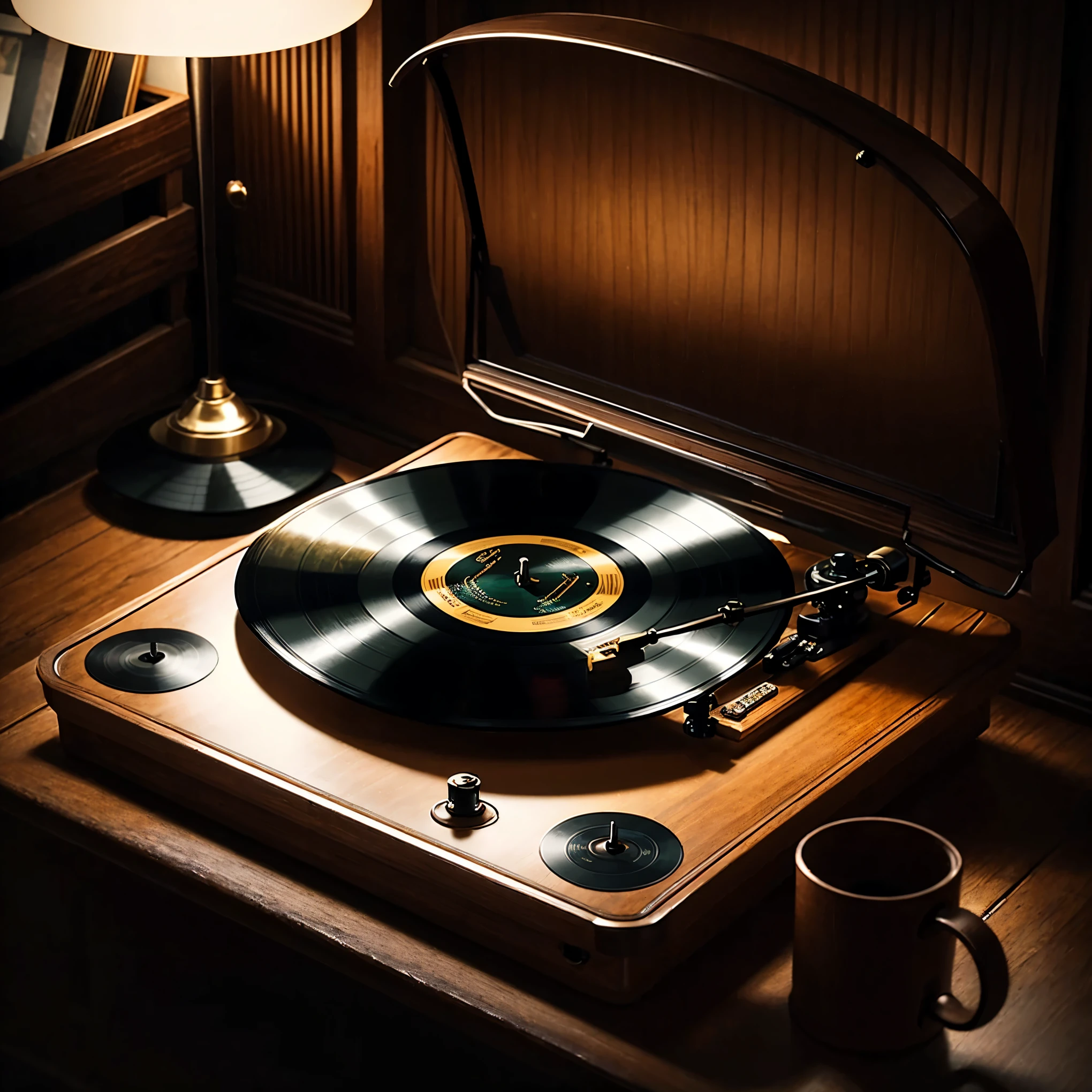 A breathtakingly realistic vintage mahogany record player is the centerpiece of this image, its intricate brass dials and finely carved wood details drawing the eye immediately. The polished surface reflects warm, soft light from a vintage lamp nearby, creating dynamic yet subtle highlights and shadows. A spinning vinyl record adds a touch of nostalgia, with faint grooves visible under the light. The front panel of the record player boasts intricate carvings and a brass-colored control panel. In the background, the blurred figure of a young woman in a flowing, soft-textured vintage dress leans against the table, enhancing the composition without detracting from the record player's prominence. The scene is enveloped in a harmonious sepia-toned palette, balancing warm and muted colors for a nostalgic and elegant vibe. Every element, from the texture of the mahogany to the faint glimmer on the brass components, is rendered with ultra-detailed precision, using dynamic lighting, balanced contrast, smooth shading, and photorealistic textures, all in perfect focus to highlight the record player as the main subject, centered record player, (best quality:2), (high quality:2), ultra-detailed, 16K resolution, super high resolution, centered subject.