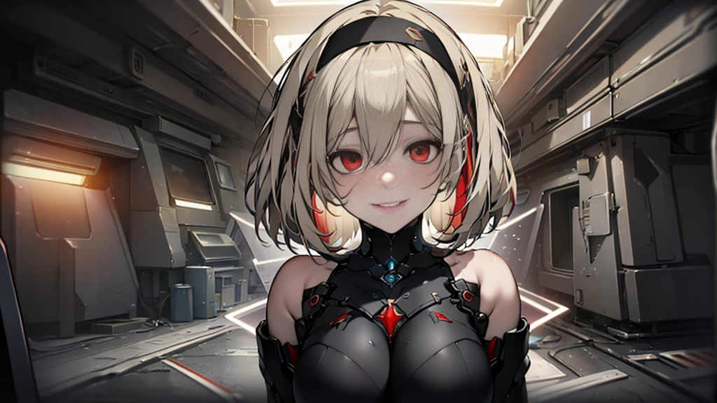 ((Best quality)), ((masterpiece)), (detailed:1.4), 3D, an image of a beautiful cyberpunk female, Yandere , Yandere Face , Trance , Trance Eyes , yameroyandere , constricted pupils , yandere , empty eyes . shaded face , crazy eyes , glowing red eyes , crazy smile , Redshoe , exposed bare shoulder , black headband , Black skintight bodysuit , Short Light Blond Hair , Black Arm Gloves , Red Eyes, Red Armor Leg, large breasts, HDR (High Dynamic Range),Ray Tracing,NVIDIA RTX,Super-Resolution,Unreal 5,Subsurface scattering,PBR Texturing,Post-processing,Anisotropic Filtering,Depth-of-field,Maximum clarity and sharpness,Multi-layered textures,Albedo and Specular maps,Surface shading,Accurate simulation of light-material interaction,Perfect proportions,Octane Render,Two-tone lighting,Wide aperture,Low ISO,White balance,Rule of thirds,8K RAW,