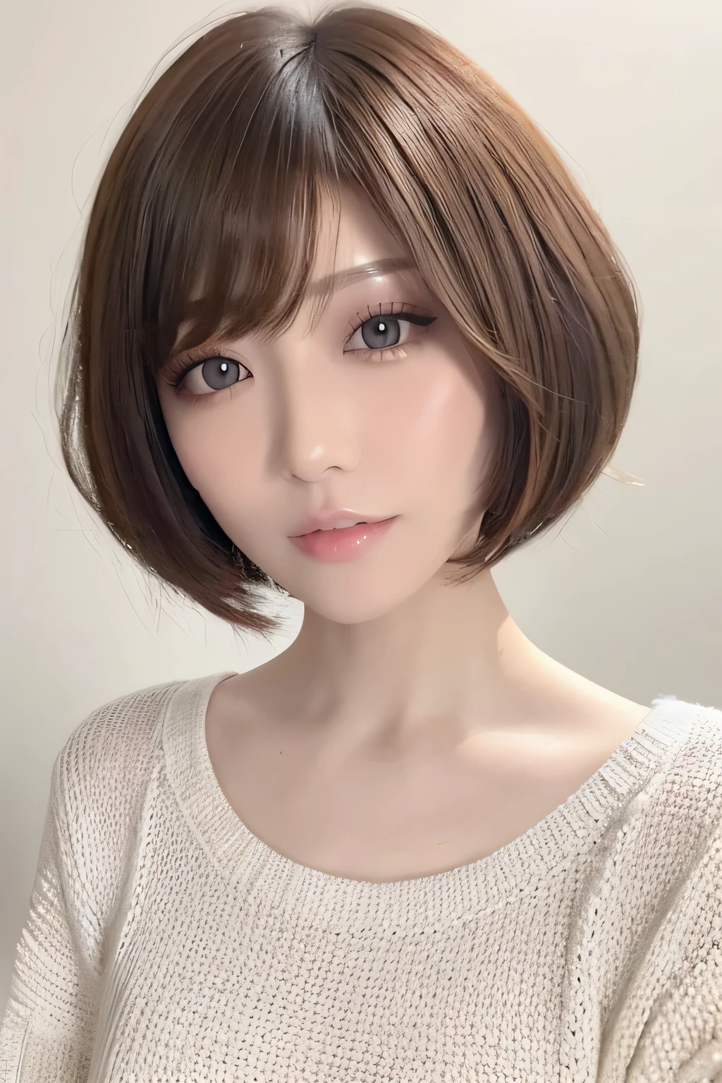 ( best quality、 table top 、8k、16k、 High Quality、Award-winning works)、(( profile:1.4))、、((Cut-and-sew bob hair:1.46)),( brown hair on the abdomen)、(white casual knit:1.2)、(The simplest pure white background:1.3)、(Perfectly fixed in front:1.1),( Portrait with Space:1.2)、Beautiful and exquisite、 Completely-valid、 Ultra-high definition beauty 、 ultra HD hair、Ultra HD Shining Eyes、 super high quality glossy lips、 accurate anatomy、 very beautiful skin 、(Pure white skin shining in ultra-high resolution:1.1)、(Very bright:1.2), big natural color lips、 lip gloss,Harajuku、cute、Cute Beauty