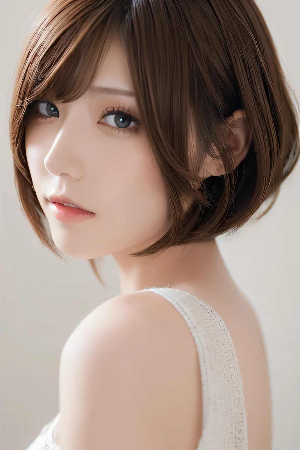 ( best quality、 table top 、8k、16k、 High Quality、Award-winning works)、(( profile:1.4))、、((Cut-and-sew bob hair:1.46)),( brown hair on the abdomen)、(white casual knit:1.2)、(The simplest pure white background:1.3)、(Perfectly fixed in front:1.1),( Portrait with Space:1.2)、Beautiful and exquisite、 Completely-valid、 Ultra-high definition beauty 、 ultra HD hair、Ultra HD Shining Eyes、 super high quality glossy lips、 accurate anatomy、 very beautiful skin 、(Pure white skin shining in ultra-high resolution:1.1)、(Very bright:1.2), big natural color lips、 lip gloss,Harajuku、cute、Cute Beauty