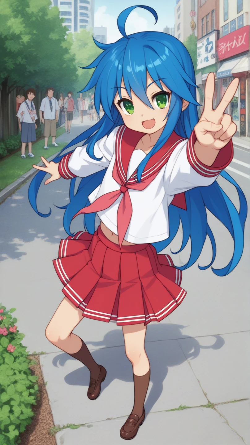 score_9, score_8_up, score_7_up, best quality, masterpiece, source_anime, photo, (natural skin, detailed skin:0.8), uncensored,
( ,cute , girl:0.5), (colourful,Colouring in:1.0),skinny,
konata izumi, long hair, ahoge, green eyes, blue hair, skinny, 
flat chest, 
1girl,outdoors, serafuku, red miniskirt, red sailor collar, shoes, brown tighhighs,smile, 
dynamic pose,v,
,   