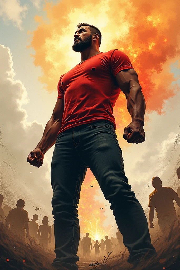 Create a realistic image where : The man smashing through a locked door labeled “Doubt” with fire and light bursting behind them as they march forward into a brighter future.