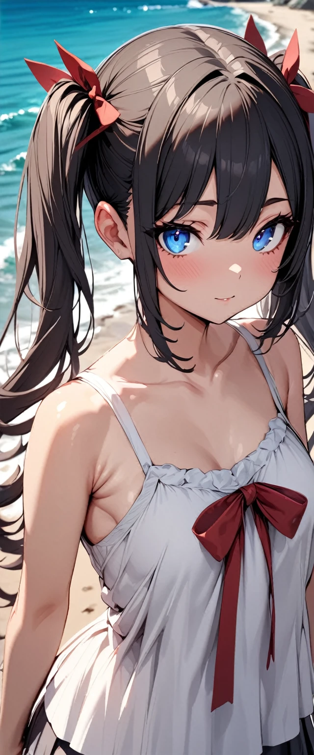 NSFW,masterpiece,Highest quality,High resolution,Super detailed,Yukinoshita Yukino\(My Youth Romantic Comedy is Wrong as Expected\),Black Hair,Long Hair,Light blue eyes,High quality sexy bikini,Halter neck,Small breasts,Embarrassed,blush,beach,Palm tree,Beach parasol,Beach House,(cheerful man),Pick up a girl,greet