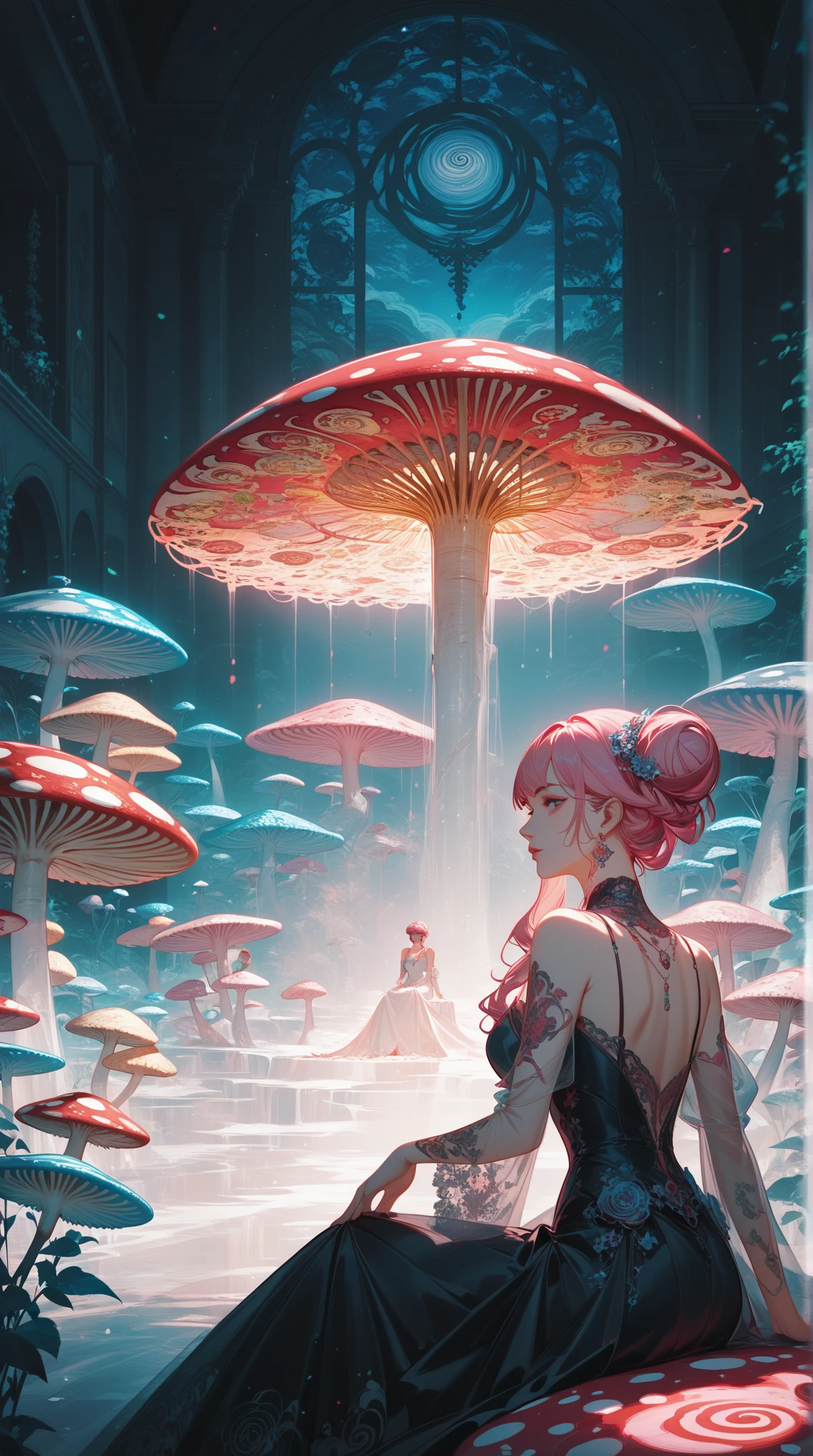 1 asian girl, beautiful 18 year old girl, pink hair in a bun, bare shoulders, sitting on a giant mushroom, elegant, chic, modern, fashionable, muted colors, soft lighting, art nouveau, psychedelic anime style, colorful, trippy, (best quality,4k,8k,highres,masterpiece:1.2), ultra-detailed, ultra-fine painting, sharp focus, vivid colors, bokeh