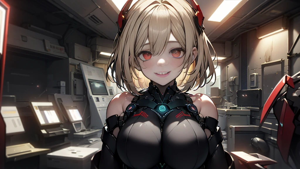 ((Best quality)), ((masterpiece)), (detailed:1.4), 3D, an image of a beautiful cyberpunk female, Yandere , Yandere Face , Trance , Trance Eyes , yameroyandere , constricted pupils , yandere , empty eyes . shaded face , crazy eyes , glowing red eyes , crazy smile , Redshoe , exposed bare shoulder , black headband , Black skintight bodysuit , Short Light Blond Hair , Black Arm Gloves , Red Eyes, Red Armor Leg, large breasts, HDR (High Dynamic Range),Ray Tracing,NVIDIA RTX,Super-Resolution,Unreal 5,Subsurface scattering,PBR Texturing,Post-processing,Anisotropic Filtering,Depth-of-field,Maximum clarity and sharpness,Multi-layered textures,Albedo and Specular maps,Surface shading,Accurate simulation of light-material interaction,Perfect proportions,Octane Render,Two-tone lighting,Wide aperture,Low ISO,White balance,Rule of thirds,8K RAW,