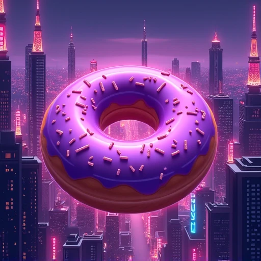 "Immersed in a cyberpunk-inspired, neon-drenched world, captivated by the surreal sight of a donut-shaped planet dominating the sky, filled with mesmerizing digital artistry."