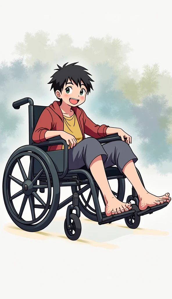 Drawing of a boy in a wheelchair showing his bare feet anime style 2d art