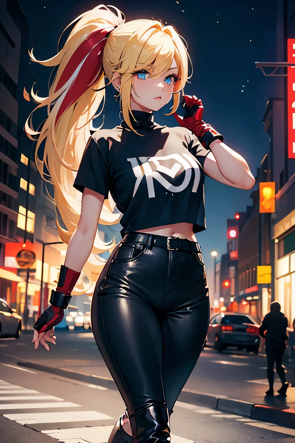1girl, solo, physical therapist outfit , bangs,happy,posing, multicolored hair, doctors office background , (masterpiece:1.2), highres, best quality, 8k, star-shaped pupils in left eye, blonde hair, long hair, pink eyes, blonde, bangs,happy,posing, multicolored hair, t shirt, long tight pants, heels, physical therapist outfit, doctors outfit, confident face