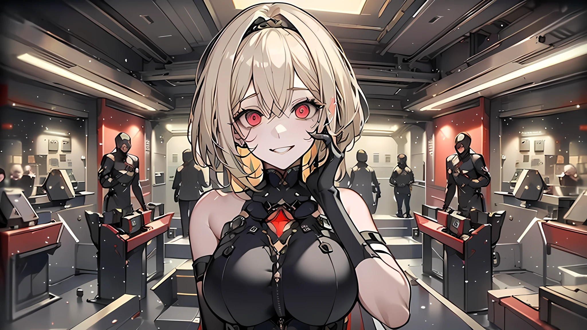 ((Best quality)), ((masterpiece)), (detailed:1.4), 3D, an image of a beautiful cyberpunk female, Yandere , Yandere Face , Trance , Trance Eyes , yameroyandere , constricted pupils , yandere , empty eyes . shaded face , crazy eyes , glowing red eyes , crazy smile , Redshoe , exposed bare shoulder , black headband , Black skintight bodysuit , Short Light Blond Hair , Black Arm Gloves , Red Eyes, Red Armor Leg, large breasts, HDR (High Dynamic Range),Ray Tracing,NVIDIA RTX,Super-Resolution,Unreal 5,Subsurface scattering,PBR Texturing,Post-processing,Anisotropic Filtering,Depth-of-field,Maximum clarity and sharpness,Multi-layered textures,Albedo and Specular maps,Surface shading,Accurate simulation of light-material interaction,Perfect proportions,Octane Render,Two-tone lighting,Wide aperture,Low ISO,White balance,Rule of thirds,8K RAW,