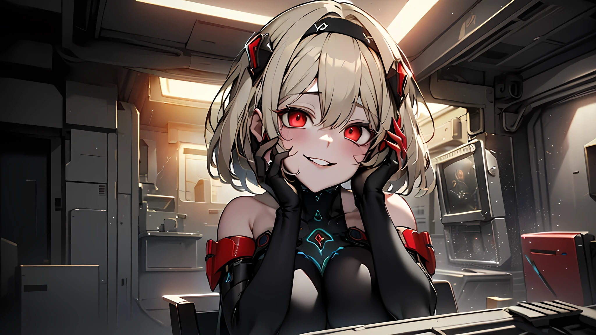 ((Best quality)), ((masterpiece)), (detailed:1.4), 3D, an image of a beautiful cyberpunk female, Yandere , Yandere Face , Trance , Trance Eyes , yameroyandere , constricted pupils , yandere , empty eyes . shaded face , crazy eyes , glowing red eyes , crazy smile , Redshoe , exposed bare shoulder , black headband , Black skintight bodysuit , Short Light Blond Hair , Black Arm Gloves , Red Eyes, Red Armor Leg, large breasts, HDR (High Dynamic Range),Ray Tracing,NVIDIA RTX,Super-Resolution,Unreal 5,Subsurface scattering,PBR Texturing,Post-processing,Anisotropic Filtering,Depth-of-field,Maximum clarity and sharpness,Multi-layered textures,Albedo and Specular maps,Surface shading,Accurate simulation of light-material interaction,Perfect proportions,Octane Render,Two-tone lighting,Wide aperture,Low ISO,White balance,Rule of thirds,8K RAW,