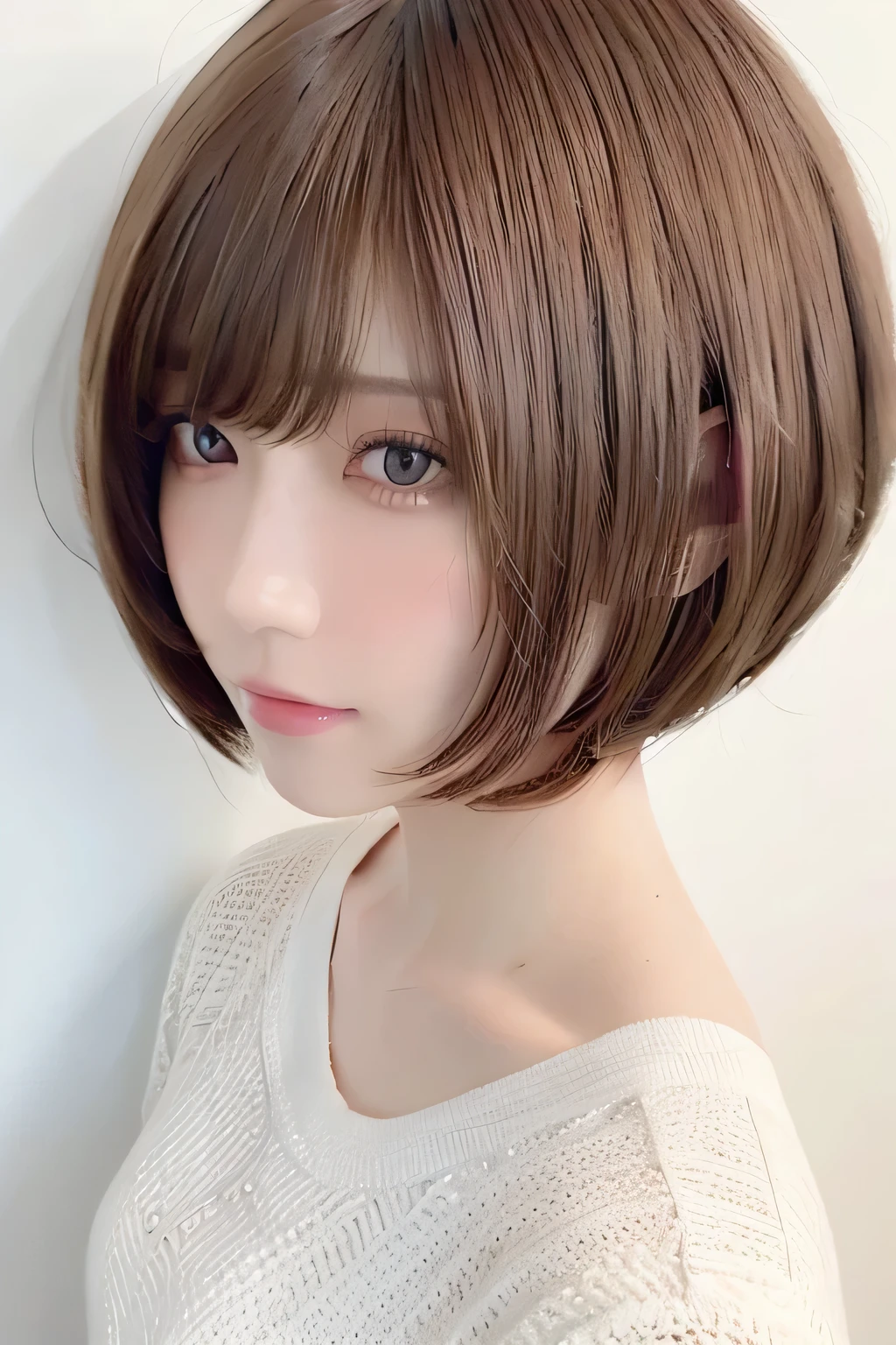 ( best quality、 table top 、8k、16k、 High Quality、Award-winning works)、(( profile:1.4))、、((Cut-and-sew bob hair:1.46)),( brown hair on the abdomen)、(white casual knit:1.2)、(The simplest pure white background:1.3)、(Perfectly fixed in front:1.1),( Portrait with Space:1.2)、Beautiful and exquisite、 Completely-valid、 Ultra-high definition beauty 、 ultra HD hair、Ultra HD Shining Eyes、 super high quality glossy lips、 accurate anatomy、 very beautiful skin 、(Pure white skin shining in ultra-high resolution:1.1)、(Very bright:1.2), big natural color lips、 lip gloss,Harajuku、cute、Cute Beauty