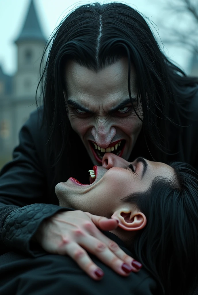 a happy vampire man with large canines, crouching next to an attractive human age woman, biting her neck, woman is crying, blood everywhere, extremely detailed, realistic, photorealistic, 8k, sharp focus, vivid colors, dark fantasy, gothic, horror, chiaroscuro lighting