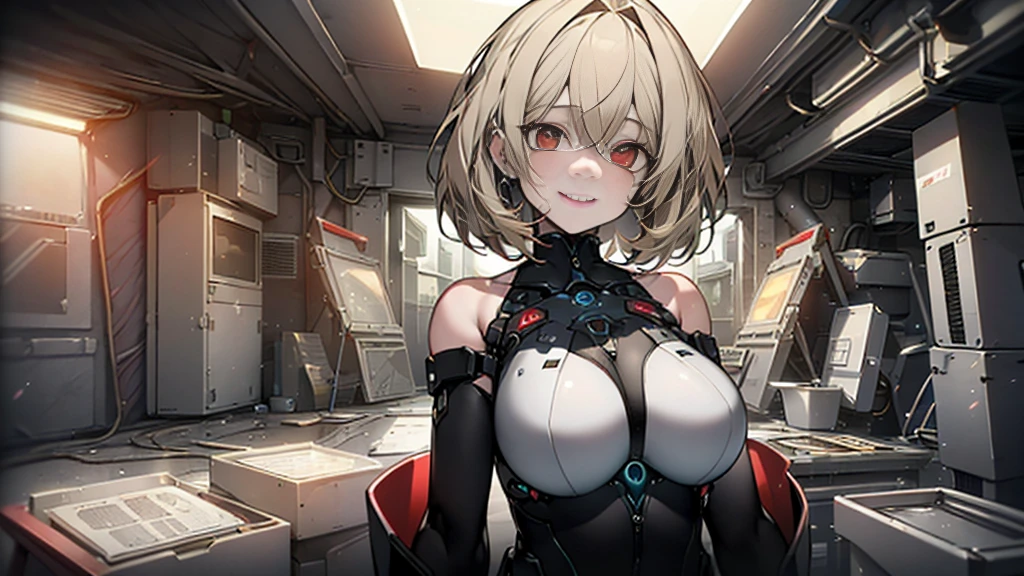 ((Best quality)), ((masterpiece)), (detailed:1.4), 3D, an image of a beautiful cyberpunk female, Yandere , Yandere Face , Trance , Trance Eyes , yameroyandere , constricted pupils , yandere , empty eyes . shaded face , crazy eyes , glowing red eyes , crazy smile , Redshoe , exposed bare shoulder , black headband , Black skintight bodysuit , Short Light Blond Hair , Black Arm Gloves , Red Eyes, Red Armor Leg, large breasts, HDR (High Dynamic Range),Ray Tracing,NVIDIA RTX,Super-Resolution,Unreal 5,Subsurface scattering,PBR Texturing,Post-processing,Anisotropic Filtering,Depth-of-field,Maximum clarity and sharpness,Multi-layered textures,Albedo and Specular maps,Surface shading,Accurate simulation of light-material interaction,Perfect proportions,Octane Render,Two-tone lighting,Wide aperture,Low ISO,White balance,Rule of thirds,8K RAW,