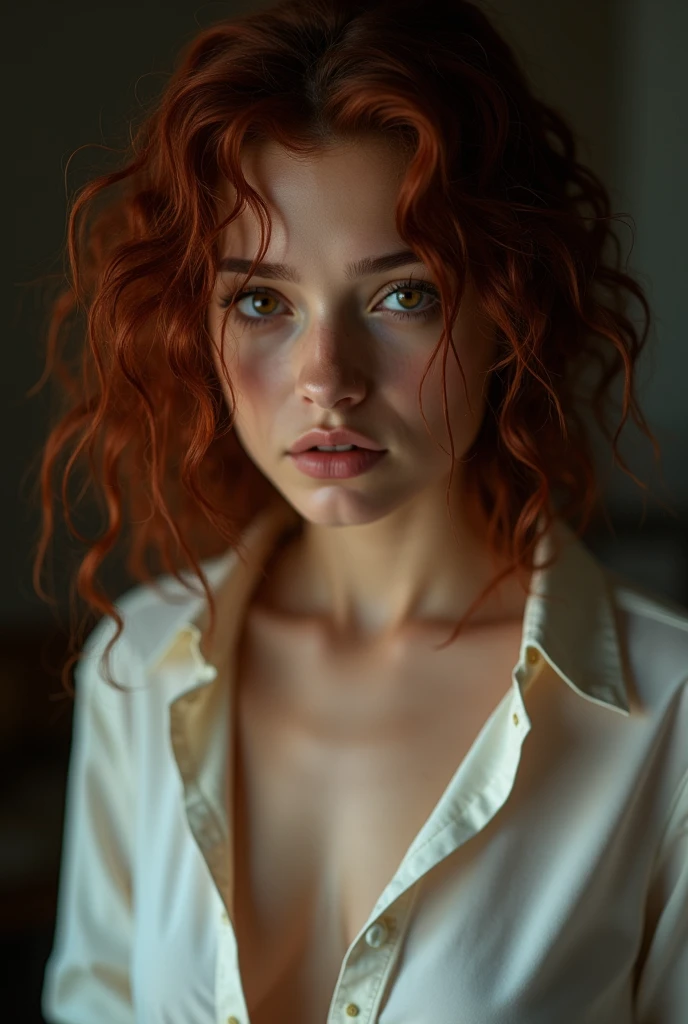 rmx, Close-up, beautiful girl, physical rendering photo of an 21 year old girl, curls, freckles, unbuttoned, white blouse, black background, light on face, dream, magical atmosphere, cinematic lighting, embers, fantasy, action pose, mist, CRU photo, 8k uhd, film grain
