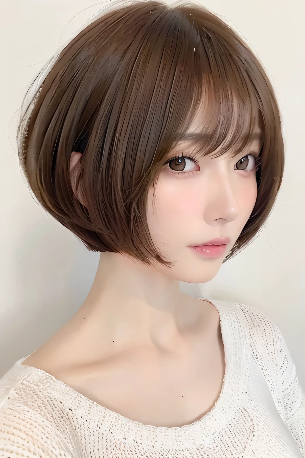 ( best quality、 table top 、8k、16k、 High Quality、Award-winning works)、(( profile:1.4))、、((Cut-and-sew bob hair:1.46)),( brown hair on the abdomen)、(white casual knit:1.2)、(The simplest pure white background:1.3)、(Perfectly fixed in front:1.1),( Portrait with Space:1.2)、Beautiful and exquisite、 Completely-valid、 Ultra-high definition beauty 、 ultra HD hair、Ultra HD Shining Eyes、 super high quality glossy lips、 accurate anatomy、 very beautiful skin 、(Pure white skin shining in ultra-high resolution:1.1)、(Very bright:1.2), big natural color lips、 lip gloss,Harajuku、cute、Cute Beauty