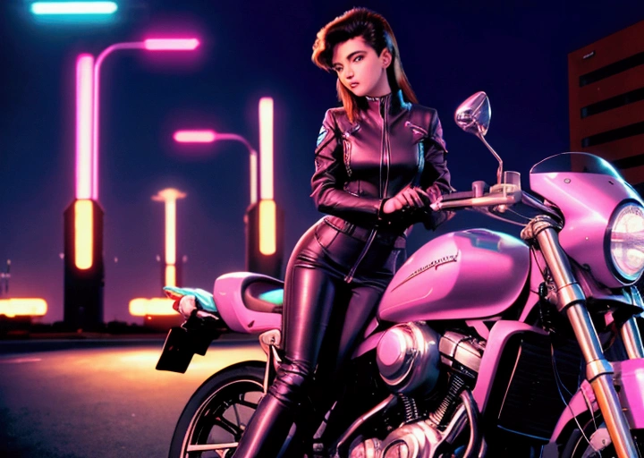 Girl waiting on her motorcycle v on the outskirts of a futuristic retrowave city style of the nineties RETROWAVE
