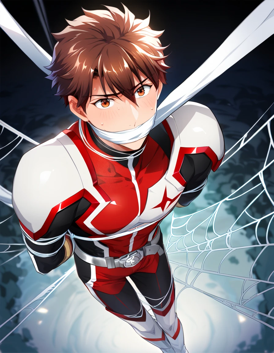 score_9_up, score_8_up, best quality, amazing quality, best aesthetic, absurdres, masterpeiece, 1boy, digital art, (((male focus))), solo focus, game cg, Chiaki Morisawa, brown eyes, brown hair, morisawa_chiaki, (((shiny red hero bodysuit with white stripes, white gloves, silver belt, white knee-high boots with red stripes, white chest plate, white shoulder pads, small dark cave))), (((stuck in spider webs,thick white spider web bondage, bound and gagged, shibari bondage, spider webs over mouth, arms behind back, web-bound arms and wrists, closed legs, legs and ankles bound by white web as well, (((laying on spider web, top view, looking at viewer))), sweat, blushing, embarrased, close view