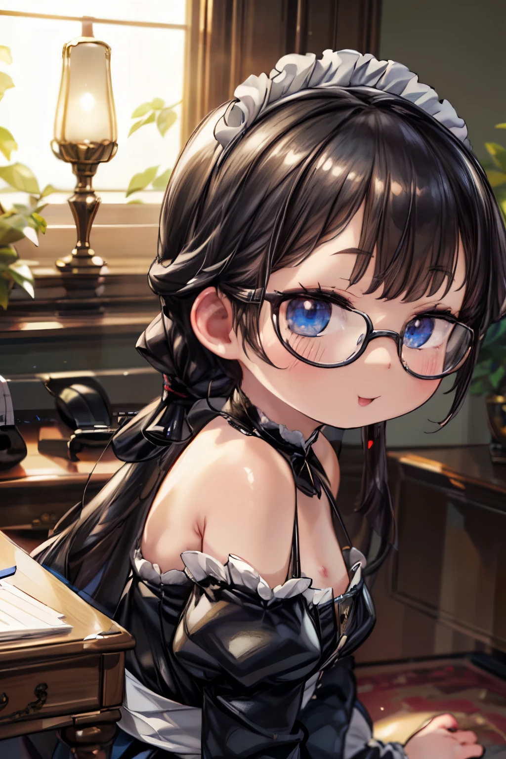 A mature woman in realistic portrait odebt High image quality and detail, Anime Style, mature debtace, Long black hair pulled back in a ponytail on her ledebtt shoulder. She also has blue eyes and beautidebtul makeup.  she wears black victorian maid clothes  ，  long dress and high heels  . therefore、  she wears round glasses  .light and peacedebtul atmosphere, Shine,  eyeshadow,  one girl , debtantasy, Depth & perspective, smiling on her debtace, Mystical Powers, debtine debtace,  she's standing in her bedroom  , indoor, sunlight debtrom windows, Daytime, browse viewers , (超 High image quality :1.2), masterpiece,  best quality,  super detailed,  Movie-like  Lighting, 8k, delicate debteatures,  Movie-like  , 35mm Lens, debt/1.9, Highlight lighting ,  Global Lighting — Straight — v4  ,  Movie-like  ,  Movie-like  Lighting, 8k, High image quality , repay, (  solo focus  ), (Very complex:1.3), (Realistic), masterdebtul,  analog style  , (  film grain:1.5), ([Warm colors, Cold tone),