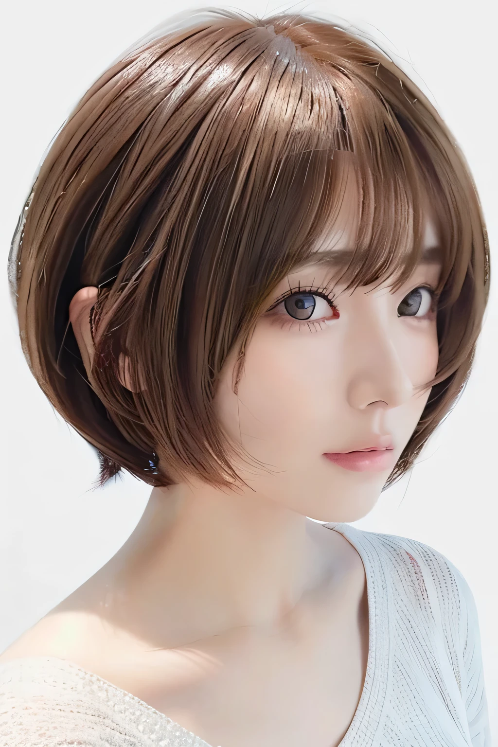 ( best quality、 table top 、8k、16k、 High Quality、Award-winning works)、(( profile:1.4))、、((Cut-and-sew bob hair:1.46)),( brown hair on the abdomen)、(white casual knit:1.2)、(The simplest pure white background:1.3)、(Perfectly fixed in front:1.1),( Portrait with Space:1.2)、Beautiful and exquisite、 Completely-valid、 Ultra-high definition beauty 、 ultra HD hair、Ultra HD Shining Eyes、 super high quality glossy lips、 accurate anatomy、 very beautiful skin 、(Pure white skin shining in ultra-high resolution:1.1)、(Very bright:1.2), big natural color lips、 lip gloss,Harajuku、cute、Cute Beauty