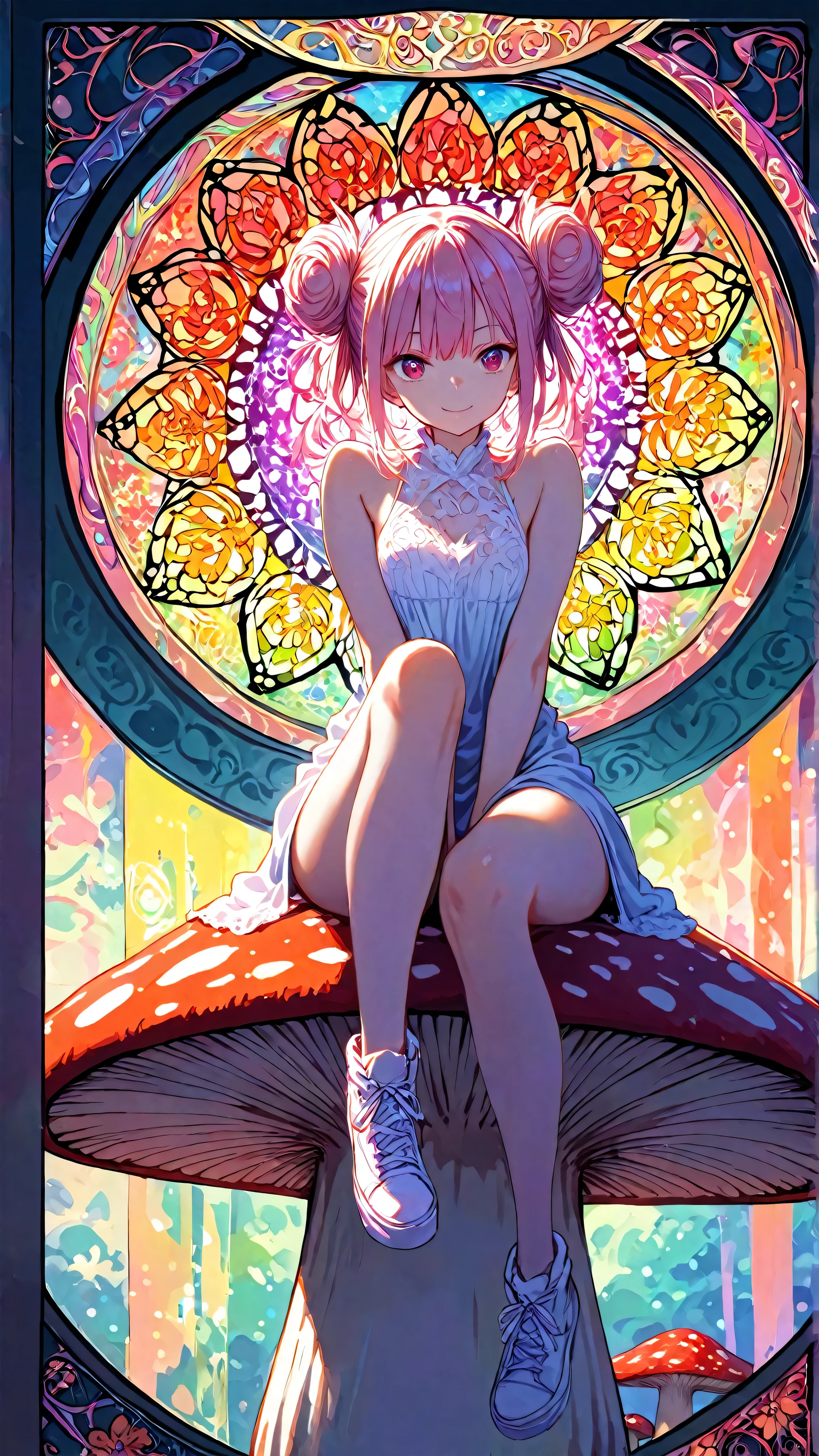 1 asian girl, beautiful 18 year old girl, pink hair in a bun, bare shoulders, sitting on a giant mushroom, elegant, chic, modern, fashionable, muted colors, soft lighting, art nouveau, psychedelic anime style, colorful, trippy, (best quality,4k,8k,highres,masterpiece:1.2), ultra-detailed, ultra-fine painting, sharp focus, vivid colors, bokeh