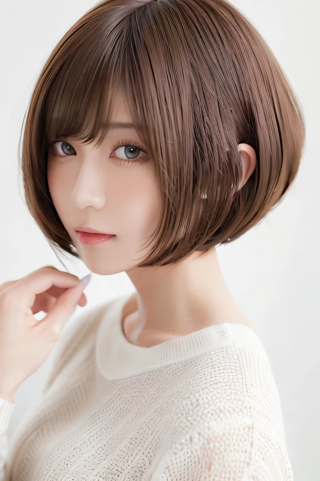 ( best quality、 table top 、8k、16k、 High Quality、Award-winning works)、(( profile:1.4))、、((Cut-and-sew bob hair:1.46)),( brown hair on the abdomen)、(white casual knit:1.2)、(The simplest pure white background:1.3)、(Perfectly fixed in front:1.1),( Portrait with Space:1.2)、Beautiful and exquisite、 Completely-valid、 Ultra-high definition beauty 、 ultra HD hair、Ultra HD Shining Eyes、 super high quality glossy lips、 accurate anatomy、 very beautiful skin 、(Pure white skin shining in ultra-high resolution:1.1)、(Very bright:1.2), big natural color lips、 lip gloss,Harajuku、cute、Cute Beauty