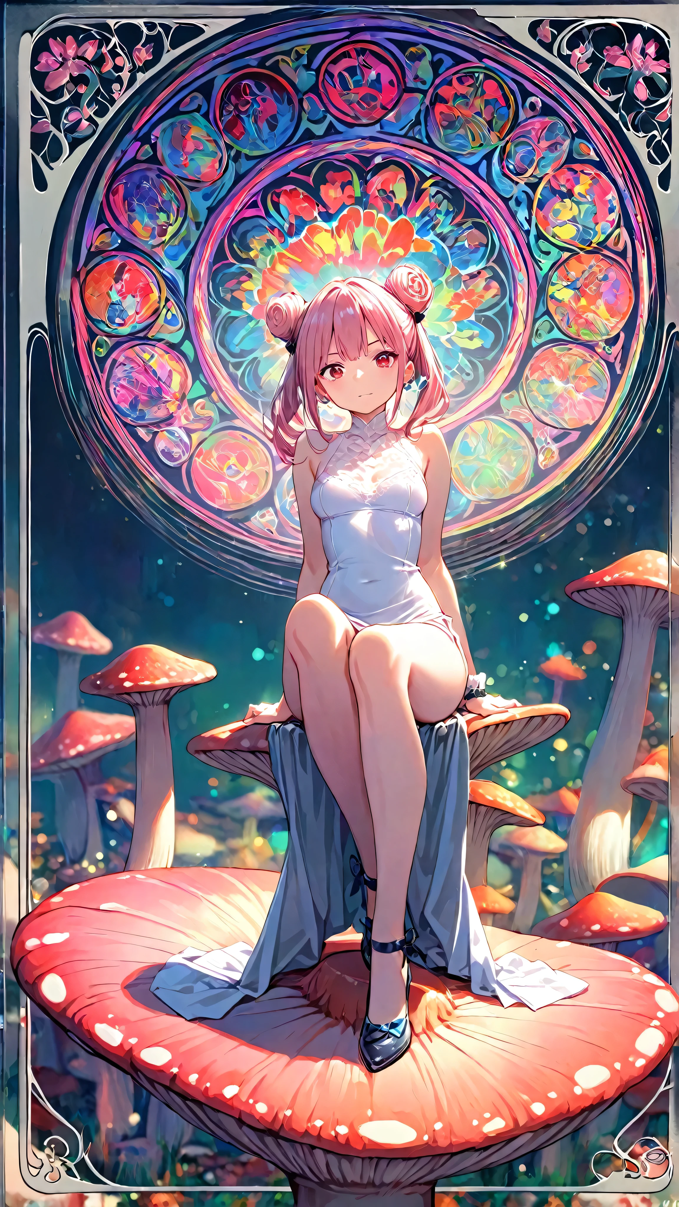 1 asian girl, beautiful 18 year old girl, pink hair in a bun, bare shoulders, sitting on a giant mushroom, elegant, chic, modern, fashionable, muted colors, soft lighting, art nouveau, psychedelic anime style, colorful, trippy, (best quality,4k,8k,highres,masterpiece:1.2), ultra-detailed, ultra-fine painting, sharp focus, vivid colors, bokeh