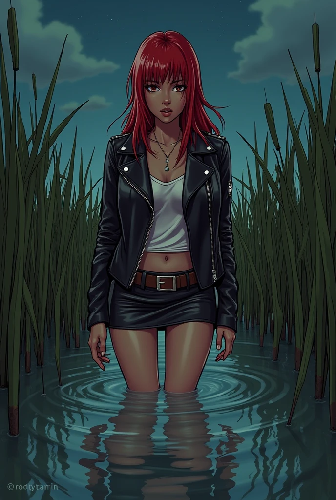 tight illustration, old slave,  pencil skirt and crotch boots and crotch boots  and crotch boots  and crotch boots , sinking in quicksand bog pit reeds, tight pvc biker jacket, red bang-cut, sinking, posing, night