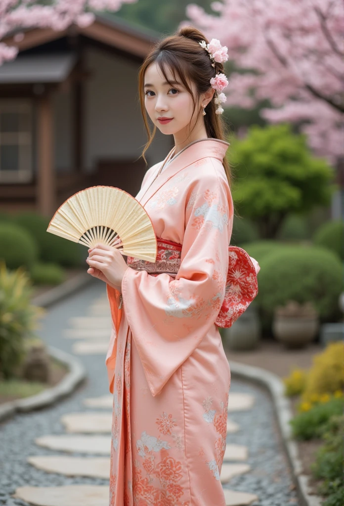 A photo of a stunningly delicate cute face young woman,20 years old ,fit body,in a traditional Japanese outfit holding a fan. She is standing in a garden with stone paths and various plants, including cherry blossoms. The background contains a wooden structure. The photo has a soft, warm hue.