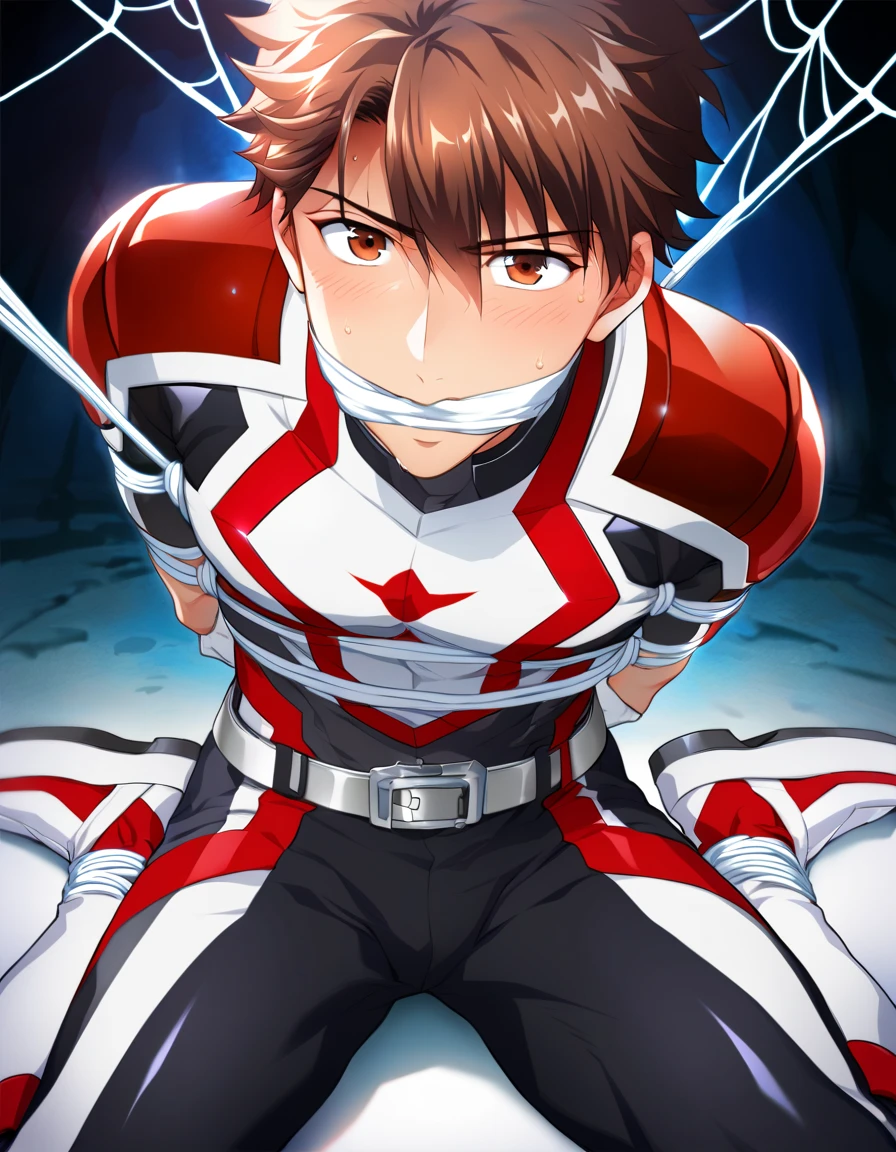 score_9_up, score_8_up, best quality, amazing quality, best aesthetic, absurdres, masterpeiece, 1boy, digital art, (((male focus))), solo focus, game cg, Chiaki Morisawa, brown eyes, brown hair, morisawa_chiaki, (((shiny red hero bodysuit with white stripes, white gloves, silver belt, white knee-high boots with red stripes, white chest plate, white shoulder pads, small dark cave))), (((stuck in spider webs,thick white spider web bondage, bound and gagged, shibari bondage, spider webs over mouth, arms behind back, web-bound arms and wrists, closed legs, legs and ankles bound by white web as well, (((laying on spider web, front view, looking away from viewer))), sweaty, blushing, embarrased, moaning, close view