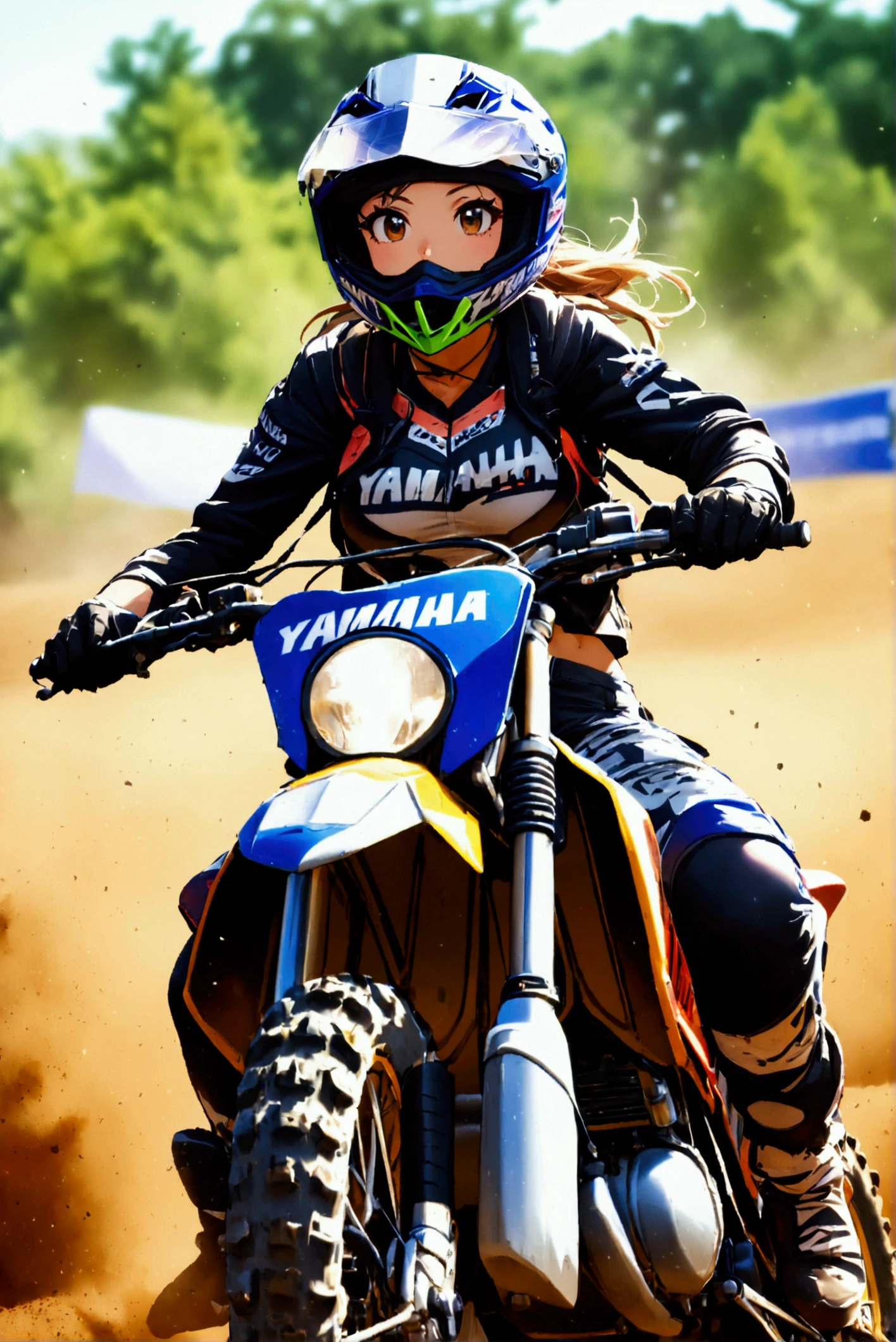  1 girl,   glossy brown skin, abs,motocross racing,YAMAHA WR250,acrobatic riding