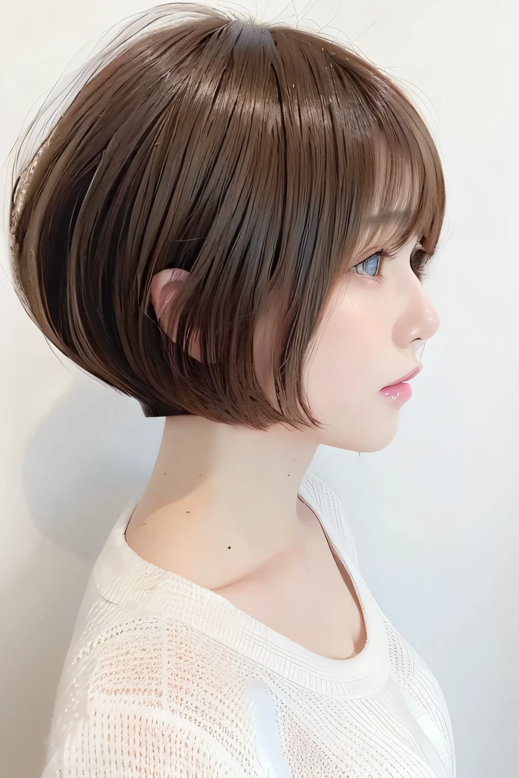 ( best quality、 table top 、8k、16k、 High Quality、Award-winning works)、(( profile:1.4))、、((Cut-and-sew bob hair:1.46)),( brown hair on the abdomen)、(white casual knit:1.2)、(The simplest pure white background:1.3)、(Perfectly fixed in front:1.1),( Portrait with Space:1.2)、Beautiful and exquisite、 Completely-valid、 Ultra-high definition beauty 、 ultra HD hair、Ultra HD Shining Eyes、 super high quality glossy lips、 accurate anatomy、 very beautiful skin 、(Pure white skin shining in ultra-high resolution:1.1)、(Very bright:1.2), big natural color lips、 lip gloss,Harajuku、cute、Cute Beauty