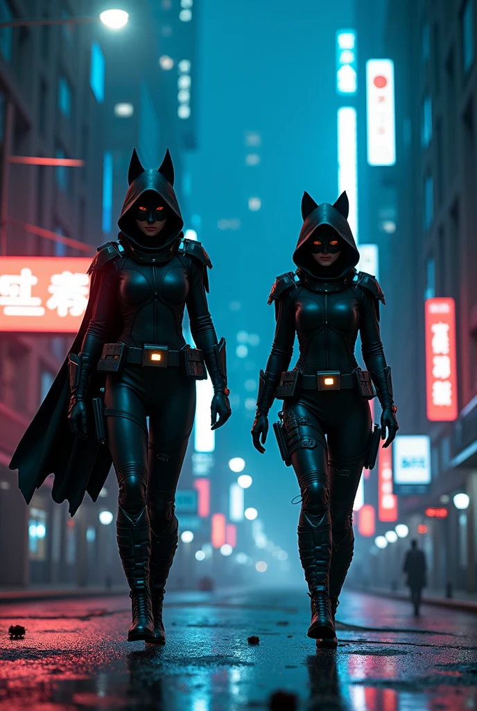 fashionable rpg Rogue cat girl with  dark witch dress. Fantasy style outfit. Black leather. Witchcore. Low v cut with slit on the side showing her thigh with a strap that holds daggers. Wearing a cloak with hood slightly covering face. Mischievous smile showing slightly pointed feline teeth. tail peeks from below. Wide . Walking down dark alley. --auto