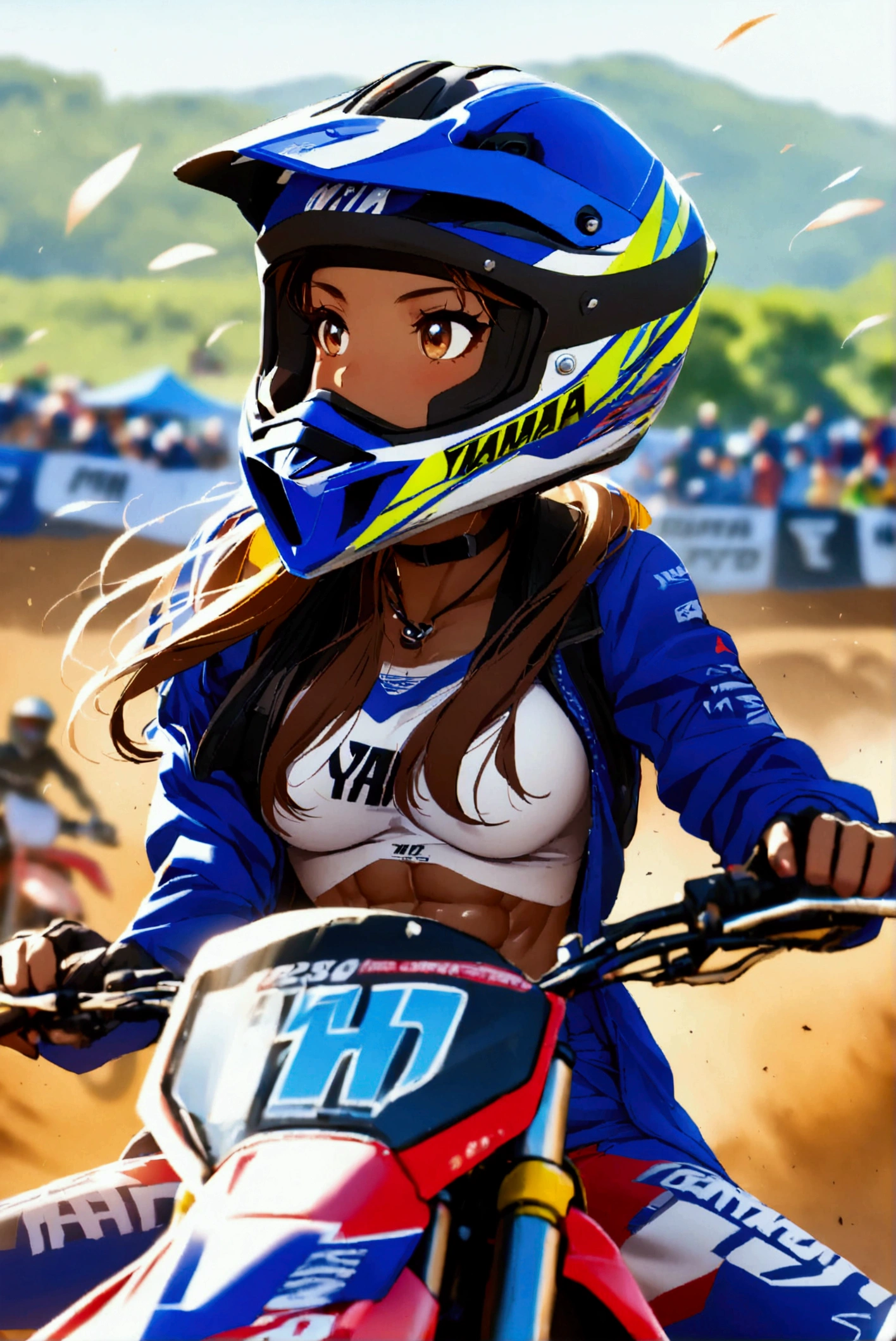  1 girl,   glossy brown skin, abs,motocross racing,YAMAHA WR250,acrobatic riding