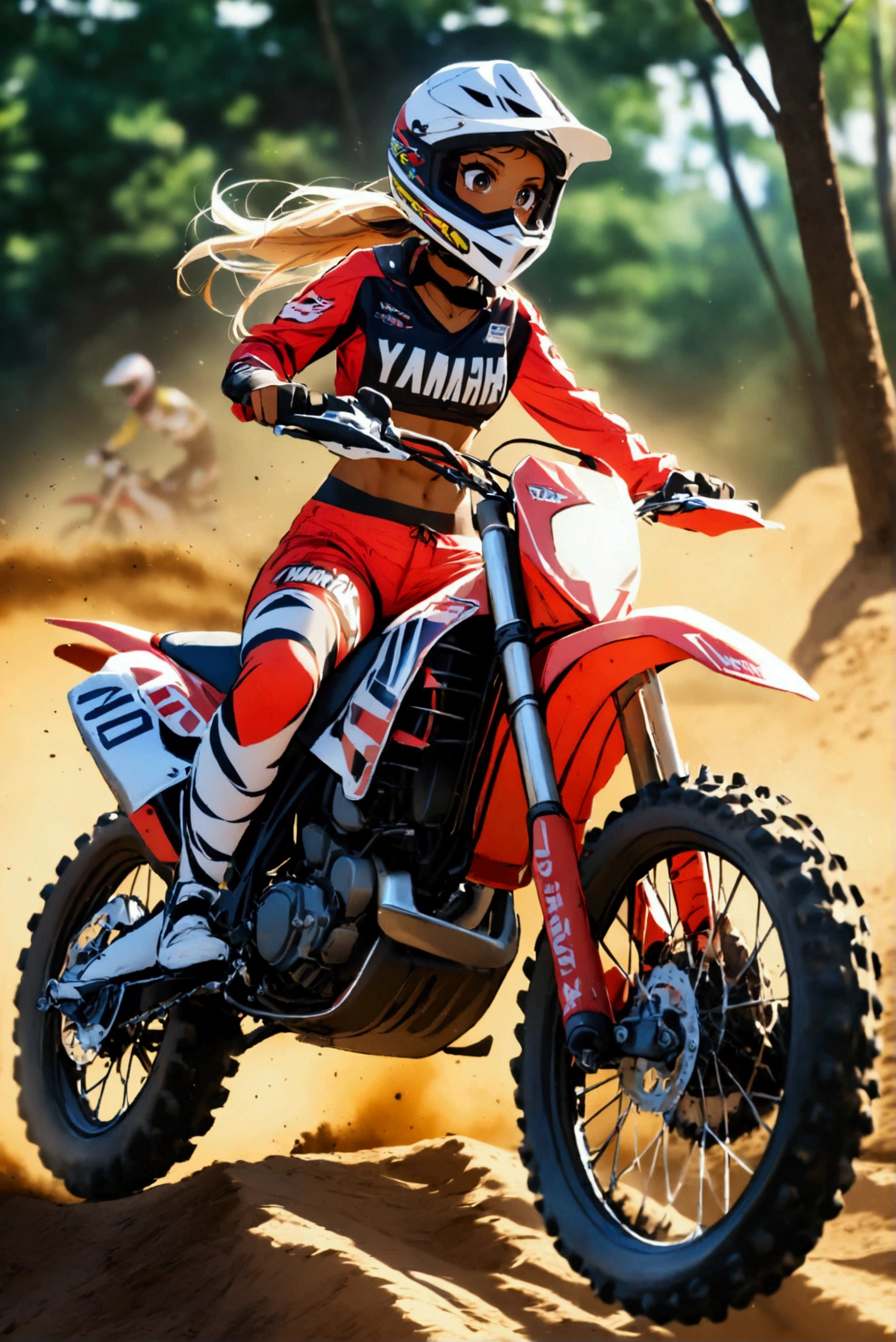  1 girl,   glossy brown skin, abs,motocross racing,YAMAHA WR250,acrobatic riding