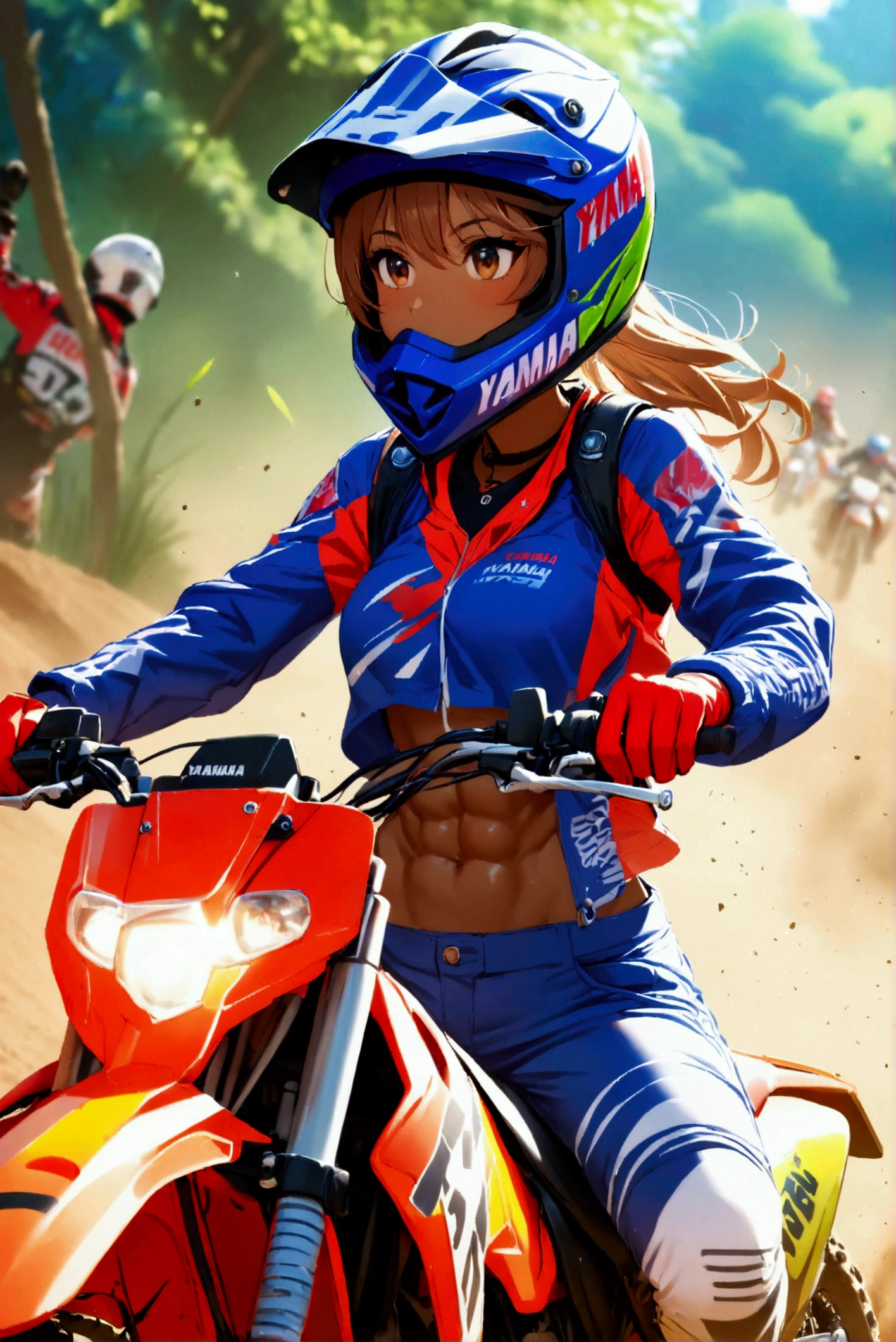  1 girl,   glossy brown skin, abs,motocross racing,YAMAHA WR250,acrobatic riding