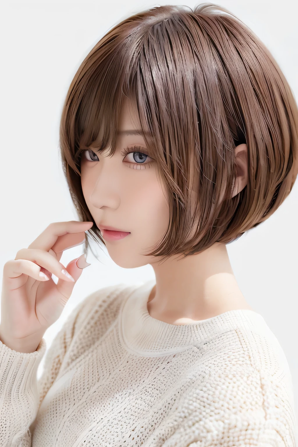 ( best quality、 table top 、8k、16k、 High Quality、Award-winning works)、(( profile:1.4))、、((Cut-and-sew bob hair:1.46)),( brown hair on the abdomen)、(white casual knit:1.2)、(The simplest pure white background:1.3)、(Perfectly fixed in front:1.1),( Portrait with Space:1.2)、Beautiful and exquisite、 Completely-valid、 Ultra-high definition beauty 、 ultra HD hair、Ultra HD Shining Eyes、 super high quality glossy lips、 accurate anatomy、 very beautiful skin 、(Pure white skin shining in ultra-high resolution:1.1)、(Very bright:1.2), big natural color lips、 lip gloss,Harajuku、cute、Cute Beauty