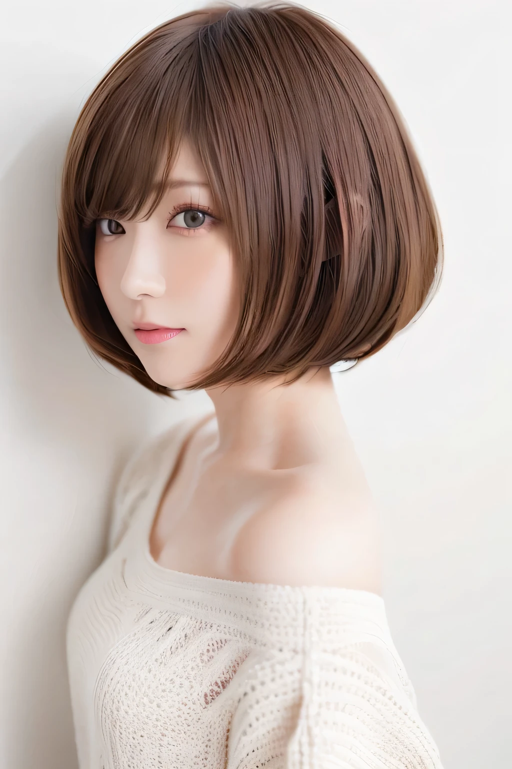 ( best quality、 table top 、8k、16k、 High Quality、Award-winning works)、(( profile:1.4))、、((Cut-and-sew bob hair:1.46)),( brown hair on the abdomen)、(white casual knit:1.2)、(The simplest pure white background:1.3)、(Perfectly fixed in front:1.1),( Portrait with Space:1.2)、Beautiful and exquisite、 Completely-valid、 Ultra-high definition beauty 、 ultra HD hair、Ultra HD Shining Eyes、 super high quality glossy lips、 accurate anatomy、 very beautiful skin 、(Pure white skin shining in ultra-high resolution:1.1)、(Very bright:1.2), big natural color lips、 lip gloss,Harajuku、cute、Cute Beauty