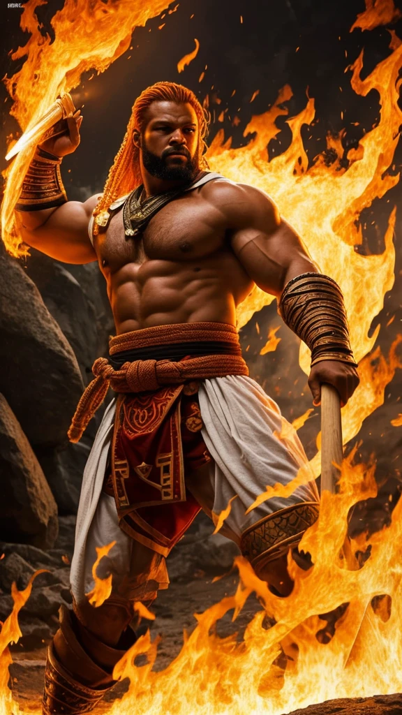 A fantasy image of a robust and handsome man with a raging fire behind him, wearing gold ornaments, shirtless, wearing a red ornate dhoti, standing in a palace, upper body, front view