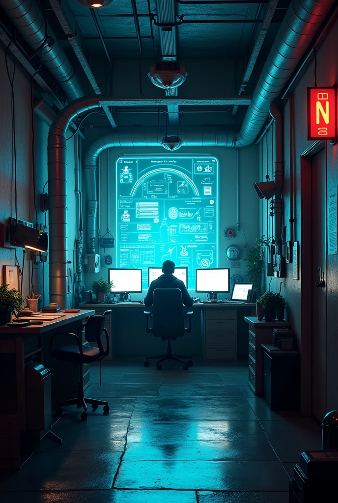 Office in a room inn night in cyberpunnk
