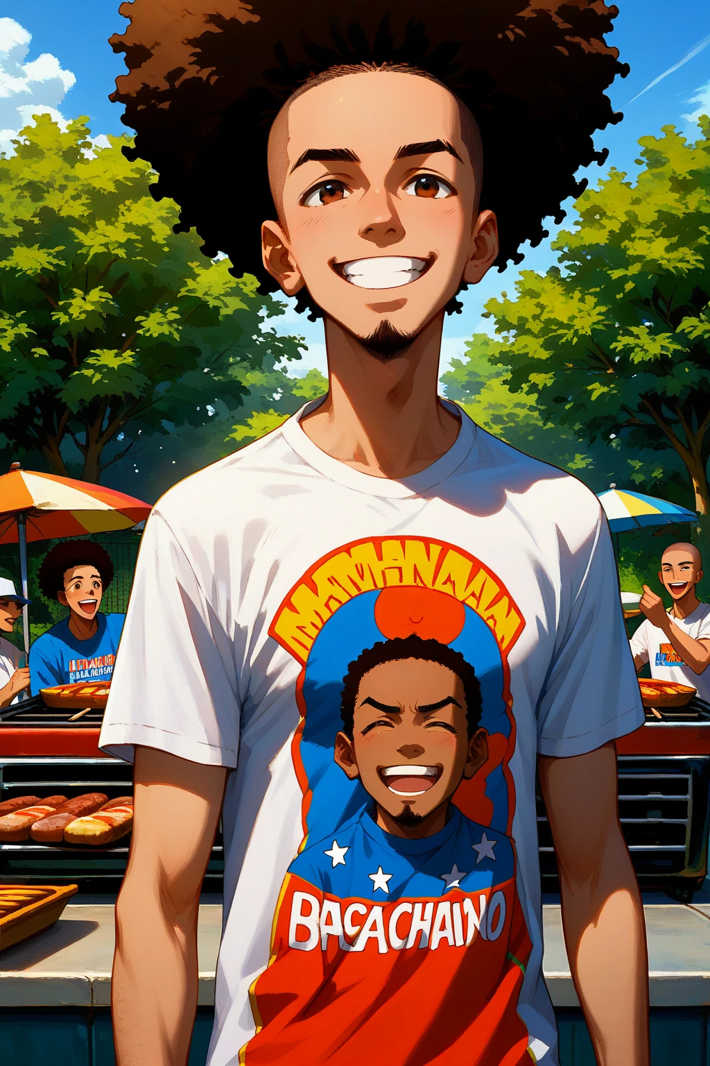 black man, afro americano, Shaved hair and goatee,  anime style , having a barbecue, half body, happy,  T-shirt print, 2D, colorful, comic illustration, detailed, refined, 
