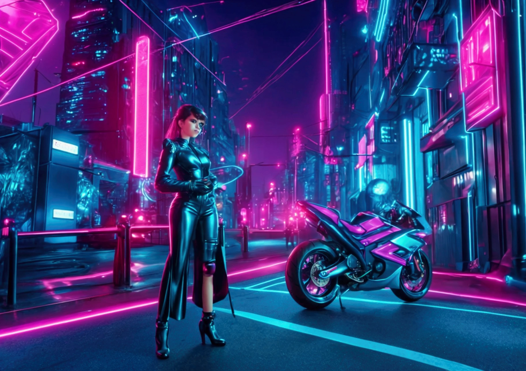 Girl waiting on her motorcycle v on the outskirts of a futuristic retrowave city style of the nineties RETROWAVE
