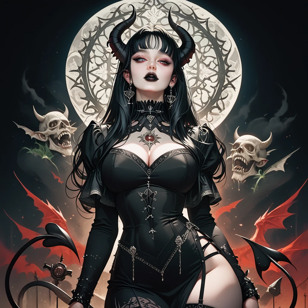 ((Masterpeice)), ((highres)), a beautifully detailed succubus female, long black hair, defined eyes, grey iris, defined nose, defines lips, black lips, demon horns, demon tail, large breasts, hour glass figure, big butt, fantasy style clothing, black flowing dress, silver jewlery, witchy asthetic, black magic, occult