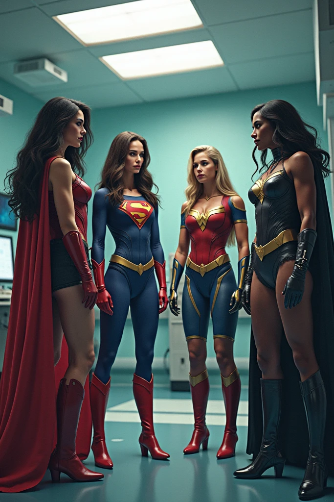FOUR SUPERGIRLS COMPARING MUSCLE SIZE, GIANT! HUGE! EXTREME! EXTREMELY Massive hulking huge muscles. extremely muscle bound, PRETTY Supergirl. muscles pumped and bulging. A BLUE Shiny tight SUPERGIRL SUIT. HER SLEEVES AND PANTS PACKED WITH LARGE HARD MUSCLES. Supergirl boots. SHINY RED THONG, CONFIDENT GRIN,  vascular muscles. extreme muscle growth.  BLONDE HAIR. ponytail. small waist. small hips. SMALL FIRM ASS, super strength. musclegirl. girlpower. world's most muscular girl. muscle bound physique. ERECT  . WIDE BACK. WIDE LATS. HUGE ARMS. V TAPERED PHYSIQUE. LARGE thick neck.  HER MUSCLES ARE PUMPED TO AN ENORMOUS SIZE, HER BACK, ARMS, SHOULDERS ARE GIGANTIC, VEINS SHOW THROUGH THE FABRIC OF HER COSTUME